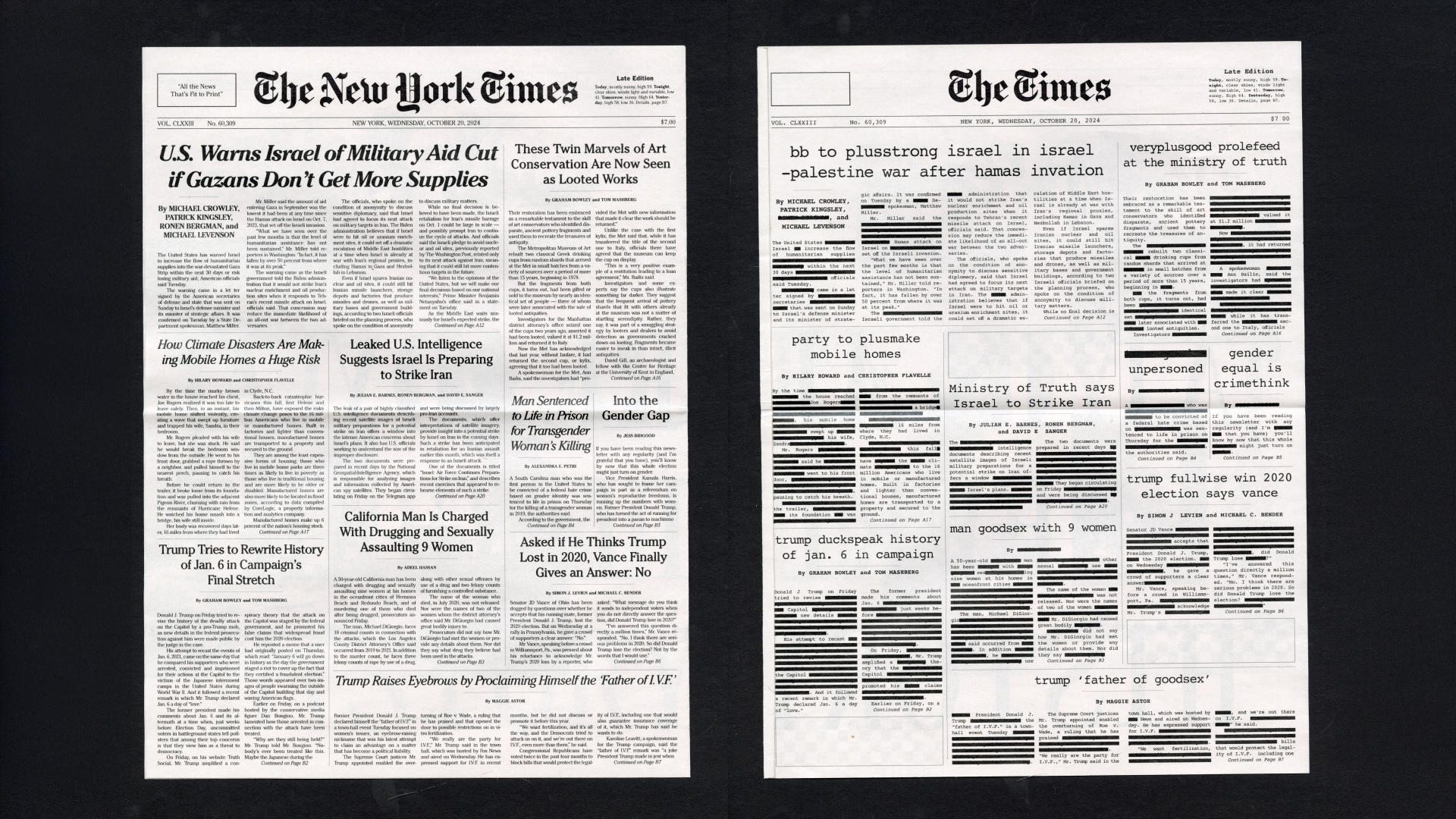 two versions of a newspaper. one version has the original headlines and the other version has edited headlines.