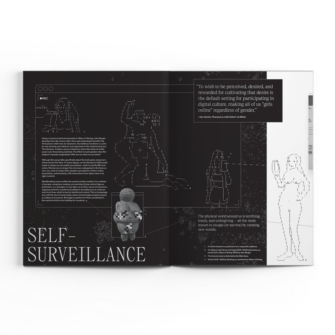 Spread of a collaborative publication featuring ASCII art and the word Self Surveillance