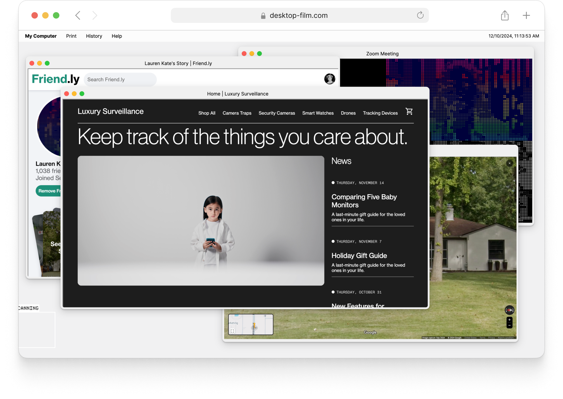 A screenshot of a website-based film which shows the homepage of a website called Luxury Surveillance and a video of a child who would be tracked with a baby monitor.