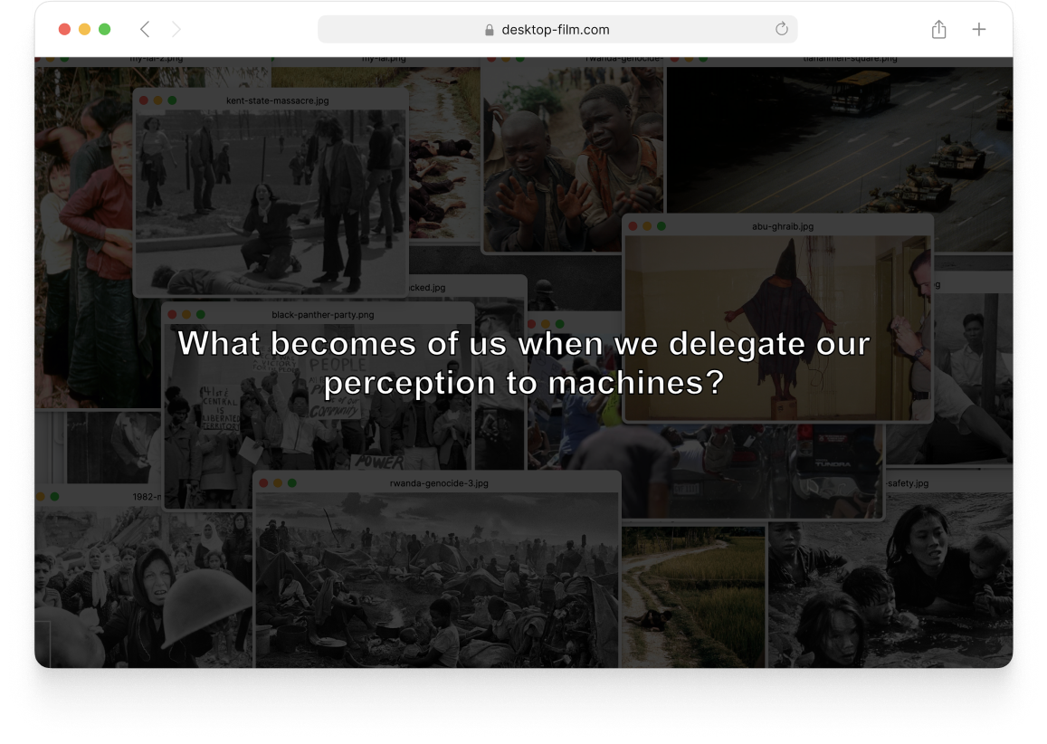 A screenshot of a website-based film with text that reads What becomes of us when we delegate our perception to machines?