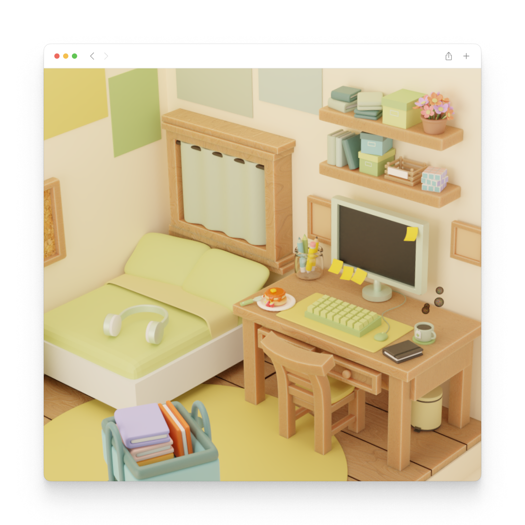 a 3D model of a bedroom, featuring a bed next to a desk. bookshelves, posters, a computer, and other objects fill the room.