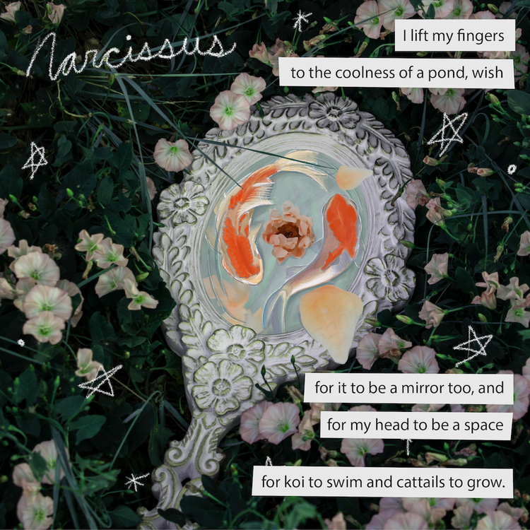 a collage and illustration featuring Koi Fish swimming inside of a mirror, as well as text from a poem.