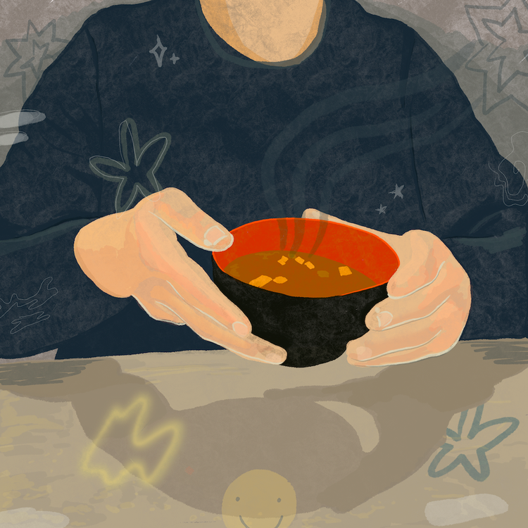 a digital illustration of a man holding a bowl of miso soup