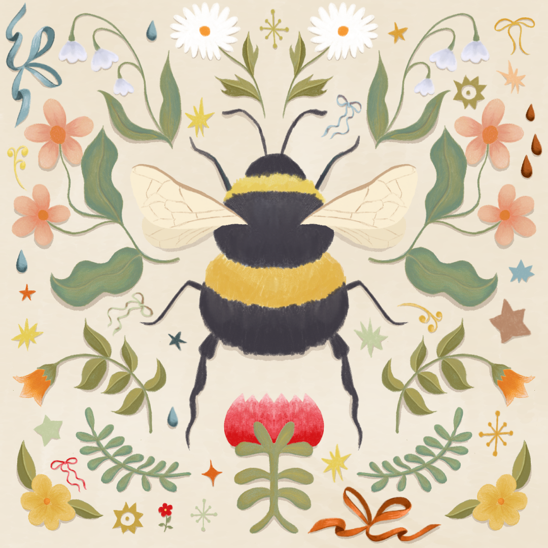 an illustration of a bee surrounded by flowers.